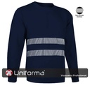 Sudadera de trabajo de color azul marino con bandas reflectantes grises reflectantes del tipo segmentadas discontinuas para mayor comodidad, con cuello redondo y puños elásticos, personalizable con logo de empresa en uniforma UN2280