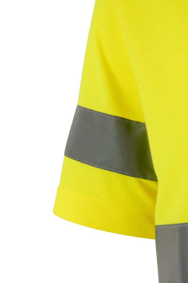 Camiseta de trabajo Técnica Amarilla reflectante Alta Visibilidad en tejido transpirable bird-eye microperforado con cintas reflectantes en torso y mangas, homologada EN ISO 20471 clase 2, personalizable con logo de empresa en uniforma.net - V305602
