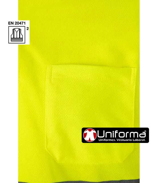 Polo Amarillo Reflectante de Alta Visibilidad en manga larga, modelo monocolor, homologado EN ISO 20471 clase 2, con bandas y cintas reflectantes horizontales en torso y mangas, con cuello de tricotosa y puños elásticos, personalizable con logo de empresa en uniforma - V174