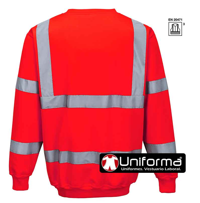 Sudaderas de trabajo de color rojo reflectantes en Alta Visibilidad, homologadas EN ISO 20471 en Clase 3 -con bandas reflectantes horizontales y verticales, de cuello redondo y puños elásticos, personalizable con logo de empresa en uniforma referencia PB303