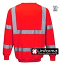 Sudaderas de trabajo de color rojo reflectantes en Alta Visibilidad, homologadas EN ISO 20471 en Clase 3 -con bandas reflectantes horizontales y verticales, de cuello redondo y puños elásticos, personalizable con logo de empresa en uniforma referencia PB303