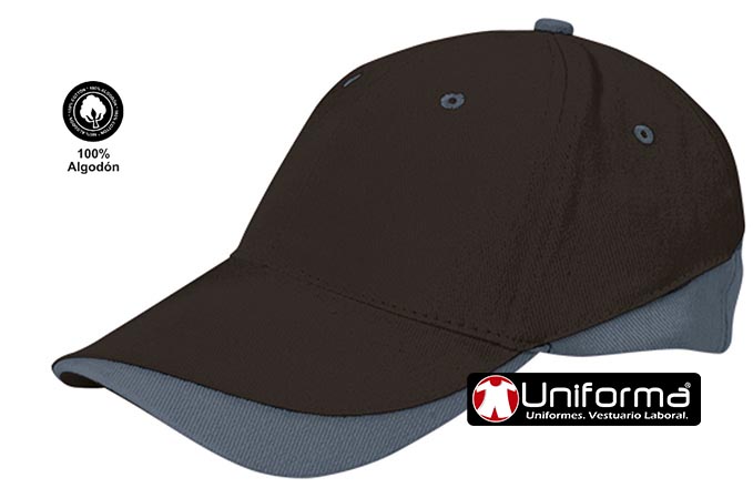 Gorra de trabajo, ocio y deportiva en tejido de sarga de Algodón 100% de diseño Bicolor, con dos colores combinados,  modelo de 6 Paneles, transpirable, personalizable con logo de empresa en uniforma, de color negro y gris   - VL2930