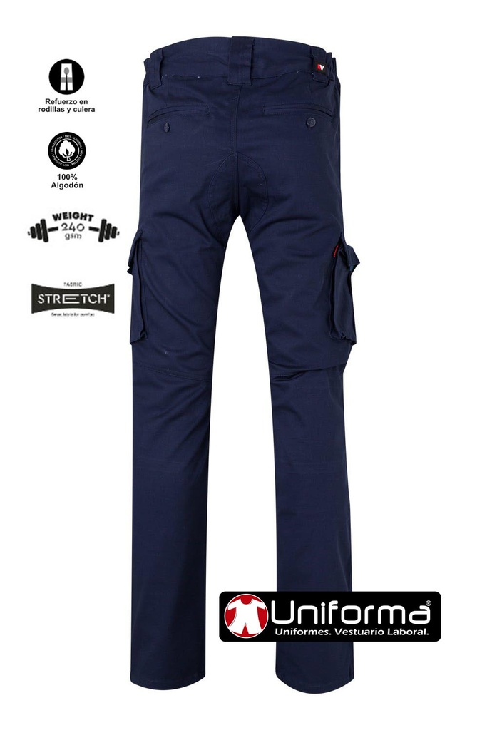 Pantalón de trabajo en tejido Elástico con elastano modelo multibolsillos Reforzado con culera de Algodón y fibra elástica lo que lo hace cómodo y resistente, en tejido de sarga gruesa personalizable con logo de empresa en uniforma , de color azul marino - V103012S