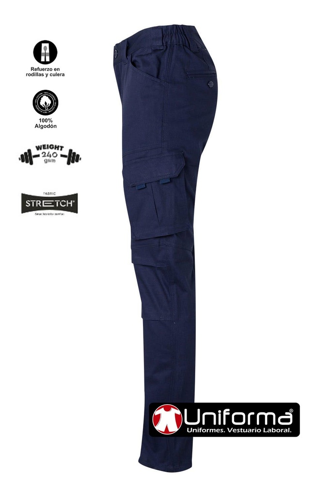 Pantalón de trabajo en tejido Elástico con elastano modelo multibolsillos Reforzado con culera de Algodón y fibra elástica lo que lo hace cómodo y resistente, en tejido de sarga gruesa personalizable con logo de empresa en uniforma , de color azul marino - V103012S