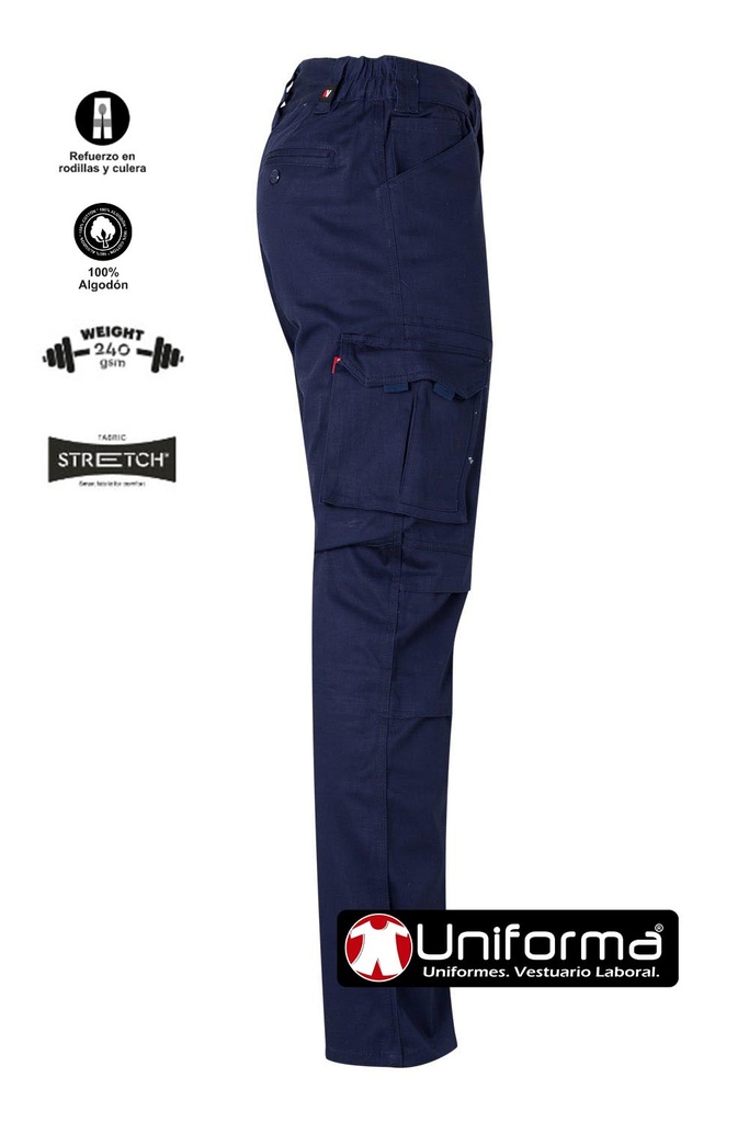 Pantalón de trabajo en tejido Elástico con elastano modelo multibolsillos Reforzado con culera de Algodón y fibra elástica lo que lo hace cómodo y resistente, en tejido de sarga gruesa personalizable con logo de empresa en uniforma , de color azul marino - V103012S