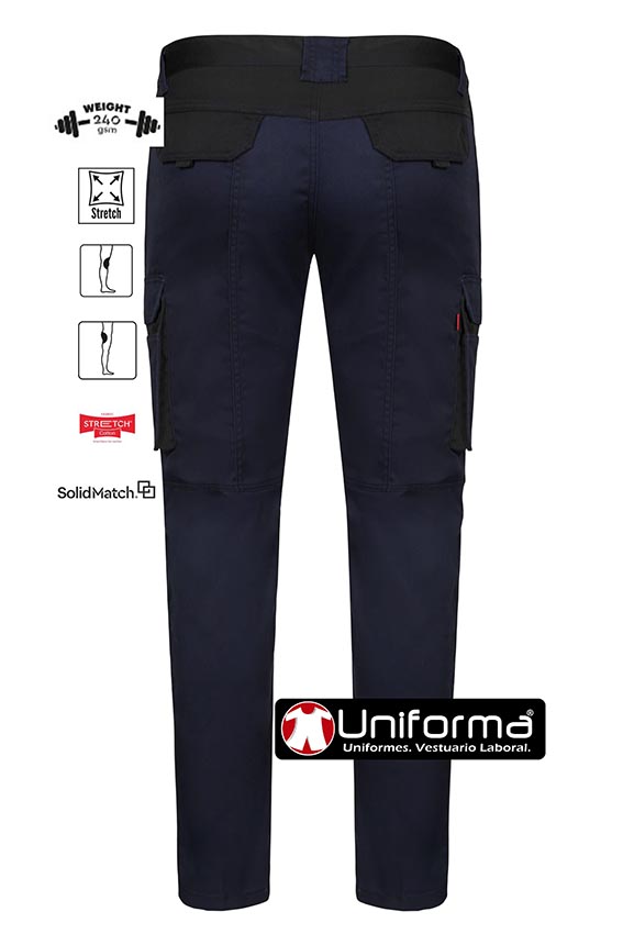 Pantalón de trabajo Stretch Elástico por construcción en tejido EME, de diseño bicolor, con refuerzos en rodillas y culeras con colores a contraste, de gramaje alto, resistente y duradero, de la gama SolidMatch, para mejorar la imagen corporativa de su empresa, personalizable con logo de empresa en uniforma, de color Marino bicolor - V103031S