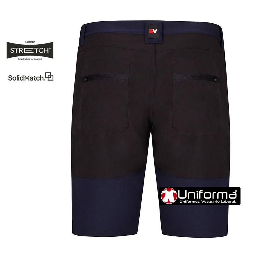 Pantalones de trabajo cortos tipo Bermudas de color marino diseño tipo Trekking en tejido super elástico y muy cómodo de diseño bicolor con colores a contraste, bolsillos con cierre de cremallera, perfectamente adaptable al cuerpo, de tejido resistente al encogimiento, colores resistentes a la decoloración, de secado rápido y sin plancha, personalizables con logo de empresa en uniforma - V103032S