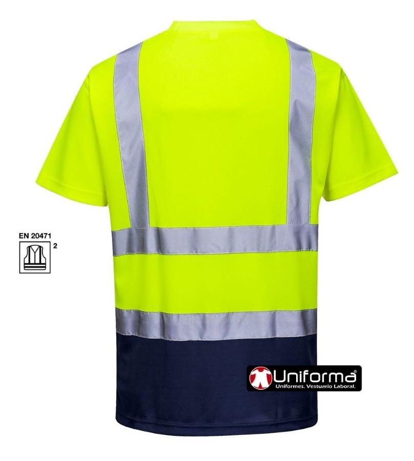 Camiseta de trabajo reflectante de alta visibilidad en tallas grandes hasta la 6XL homologada para EN ISO 20471 Clase 2, con bandas reflectantes horizontales y verticales, personalizable con logo de empresa en uniforma