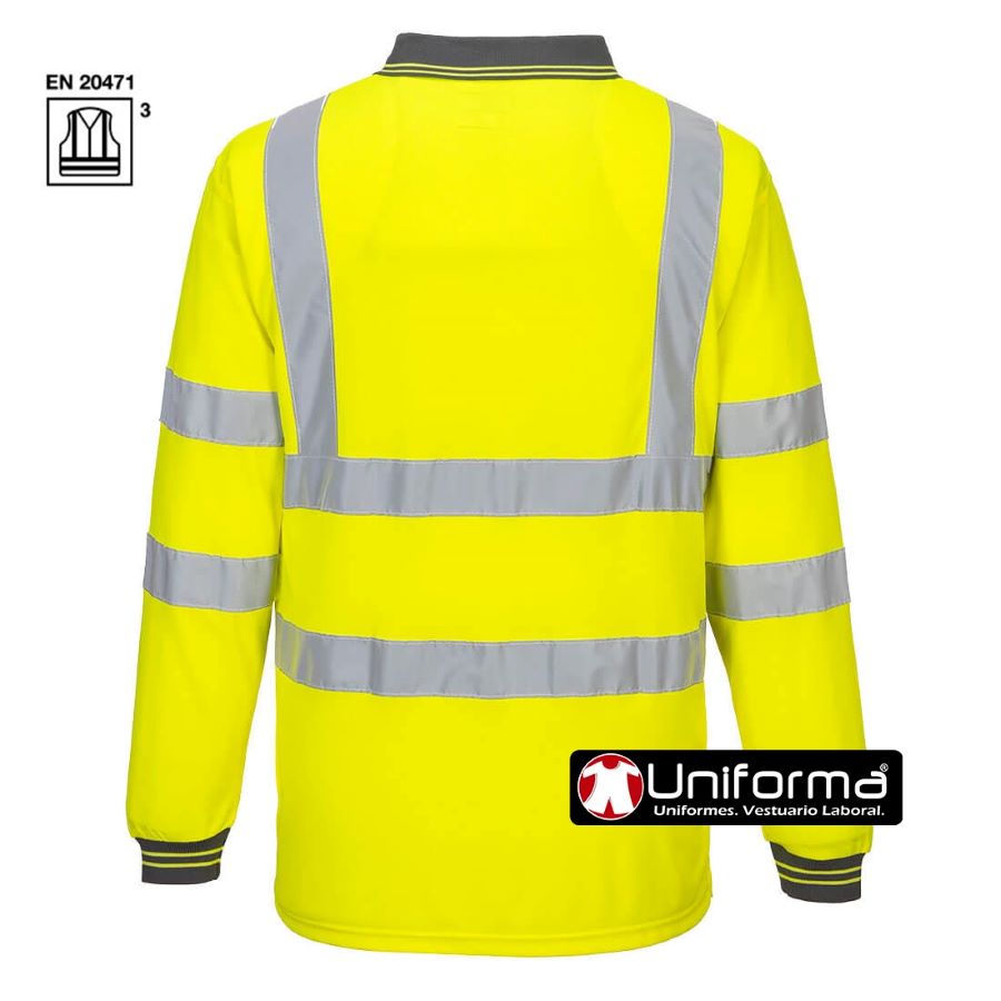 Polo de trabajo Amarillo reflectante Alta Visibilidad de manga larga en tejido transpirable disponible en tallas grandes hasta la 6Xl con bandas reflectantes horizontales y verticales, personalizable con logo de empresa en uniforma. - PS277