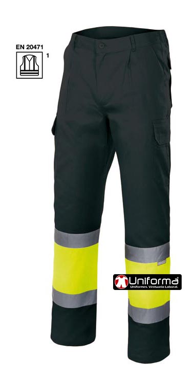 Pantalón de trabajo reflectante de alta visibilidad de diseño bicolor de color negro y amarillo, multibolsillos, con bolsillos de cargo laterales, en tejido resistente de sarga, certificado en EN ISO 20471 Clase 1, personalizable con logo de empresa en uniforma - V157