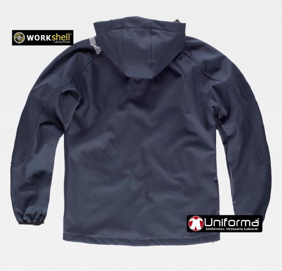 Chaqueta de trabajo tipo Softshell con Capucha de triple capa, repelente del agua, impermeable, cortavientos, con forro interno de alta capacidad térmica y detalles reflectantes, personalizable con logo de empresa en uniforma, de color azul marino  - TS9499