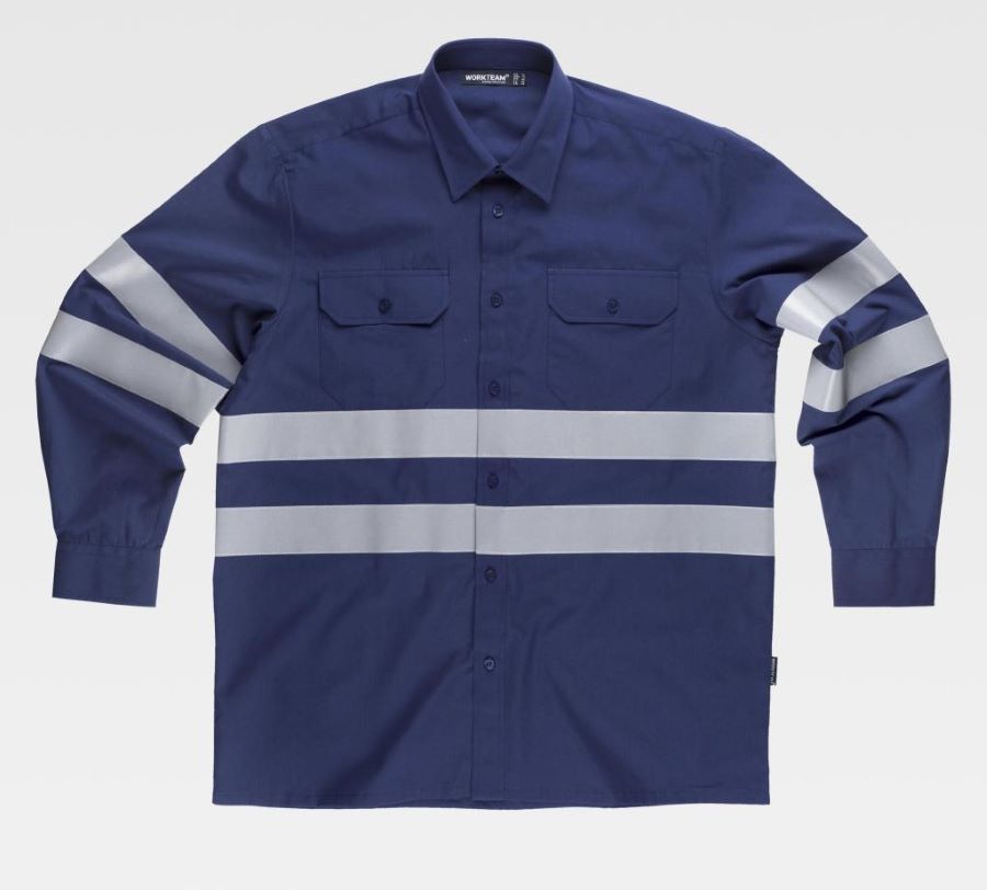 Camisa de trabajo de color azul marino de manga larga con Bandas reflectantes en torso y mangas, dos bolsillos frontales, personalizable con logo de empresa en uniforma  - TB8007