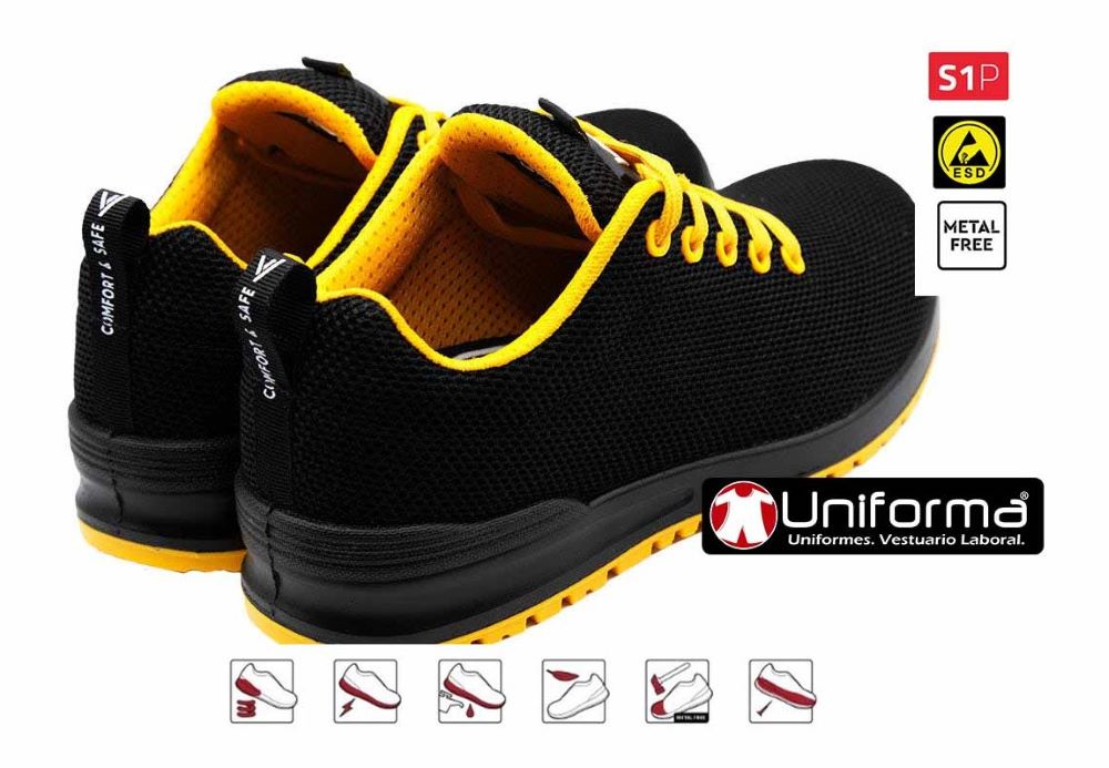 Zapatos de trabajo de Seguridad S1P+SRC+ESD en material textil ligero y cómodo de color negro y amarillo - V707007Y