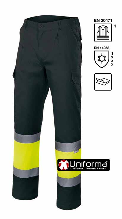 Pantalón Negro Forrado con punto por dentro contra el frío EN 14058 de diseño Bicolor de Alta Visibilidad EN ISO 20471 clase 1, personalizable con logo de empresa en uniforma - V156
