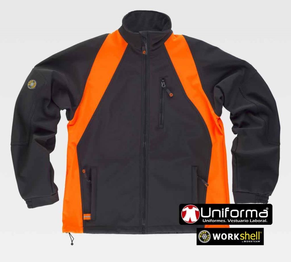 Chaqueta de trabajo Negra y Naranja tipo Softshell corta vientos, transpirable, con forro polar interno, de diseño bicolor combinada con colores a contraste, personalizable con logo de empresa en uniforma  TWF1640