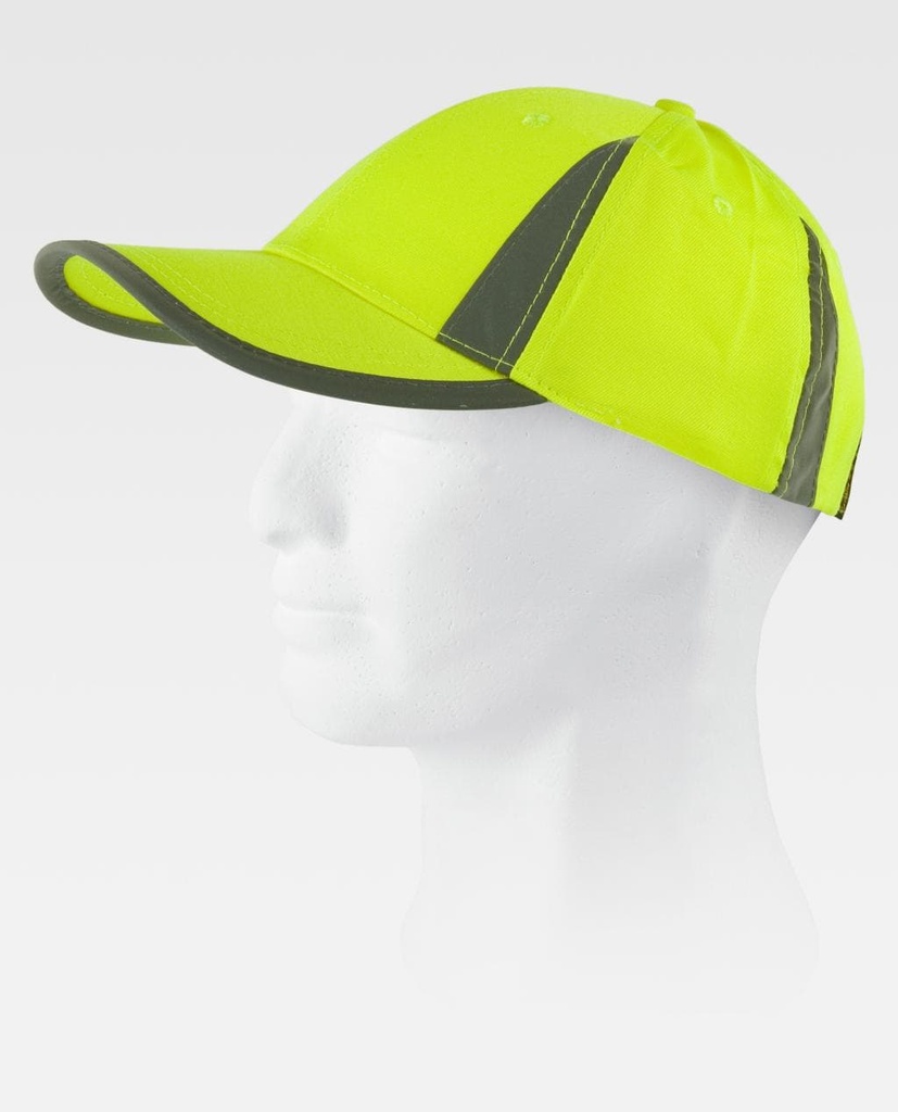 Gorra de trabajo amarillo Reflectante de Alta Visibilidad con cintas reflectantes en 100% poliéster personalizable con logo de empresa en uniforma - TWFA902