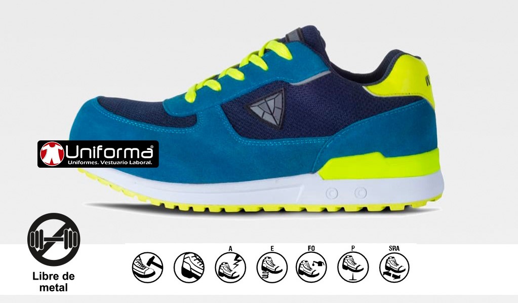 Zapatos de trabajo de Seguridad con puntera y plantilla S1P anti deslizante SRA con cierre de cordones, con colores combinados azul y amarillo flúor en uniforma - TP3010