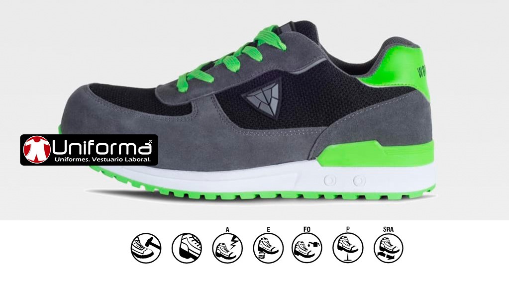 Zapatos de trabajo de Seguridad con puntera y plantilla S1P anti deslizante SRA con cierre de cordones, con colores combinados gris y verde fluor en uniforma - TP3010