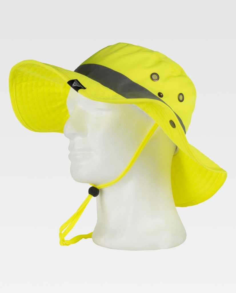 Gorro Tipo Safari Amarillo Alta Visibilidad en colores flúor alta capacidad para reflejar la luz y el calor, ventilado, protege la cabeza y la nuca del sol, personalizable con logo de empresa en uniforma  - TWFA930