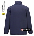 Chaqueta Polar Azul marino de trabajo Antiestático ESD Disipativo de la carga electroestática gracias a la fibra de carbono conductora, personalizable con logo de empresa en uniforma.