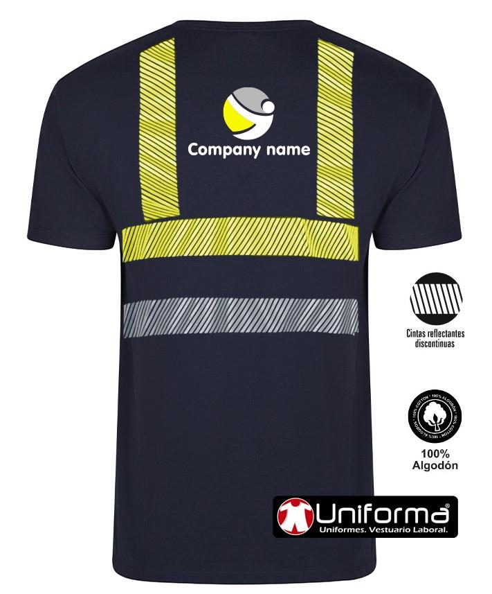 Camiseta 100% algodón con bandas reflectantes y de alta visibilidad de color azul marino con logo de empresa en uniforma