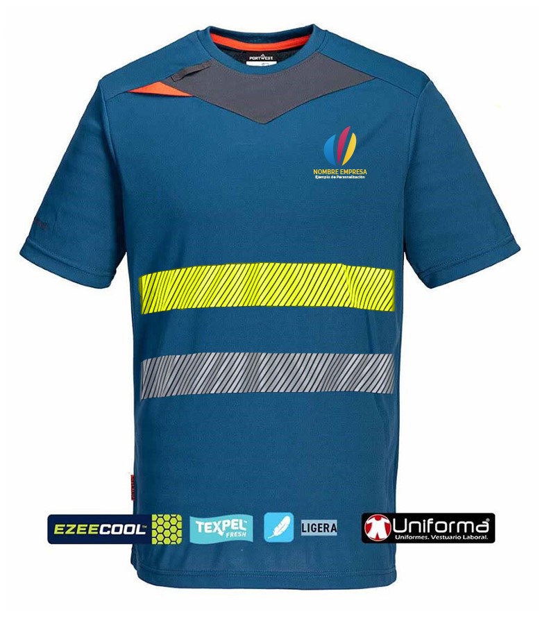 Camiseta técnica azul EasyCool transpirable contra el calor en tejido de malla fresca personalizable con logo de empresa en uniforma con bandas reflectantes segmentadas y amarillas de alta visibilidad  - PDX411