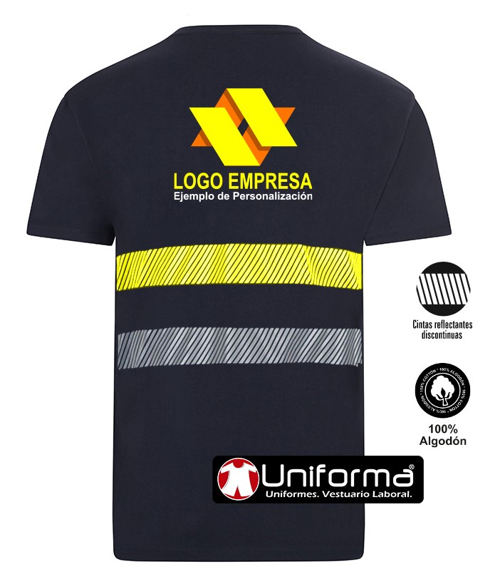 Camiseta Azul marino de 100% Algodón con Bandas de Alta Visibilidad y bandas reflectantes segmentadas cómodas, ligeras, personalizables con logo de empresa en uniforma  UN103