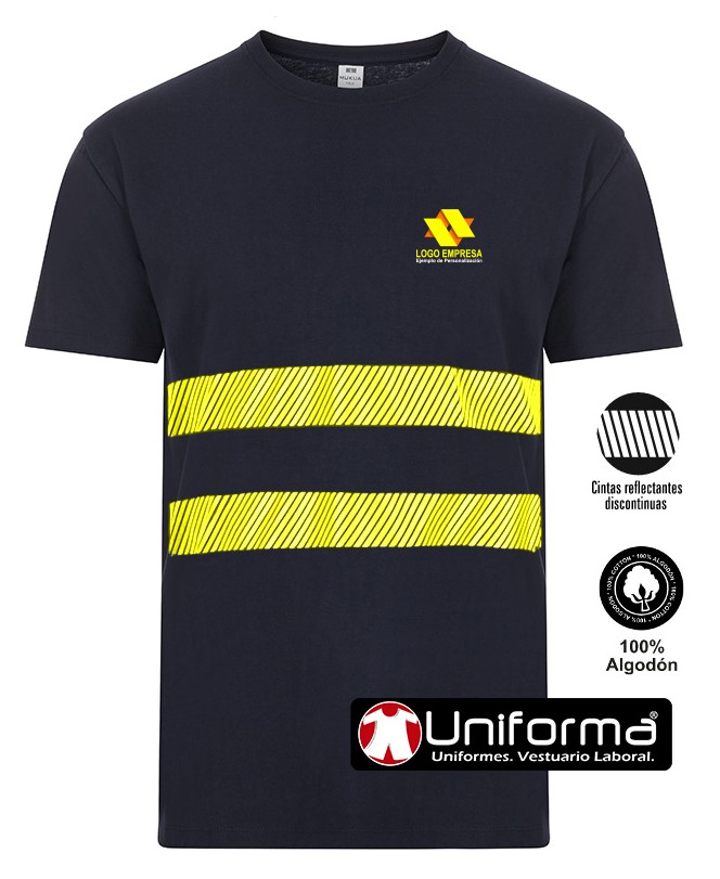 Camiseta de trabajo de Algodón 100% Azul Marino con Bandas de Alta Visibilidad segmentadas discontinuas transpirables en pecho y espalda, de manga corta, cuello redondo, ligeras y cómodas, personalizables con logo de empresa en Uniforma - UN203