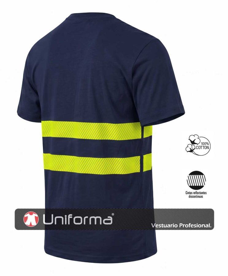 Camiseta de trabajo de Algodón 100% Azul Marino con Bandas de Alta Visibilidad segmentadas discontinuas transpirables en pecho y espalda, de manga corta, cuello redondo, ligeras y cómodas, personalizables con logo de empresa en Uniforma - UN203
