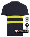 Camiseta de trabajo de Algodón 100% Azul Marino con Bandas de Alta Visibilidad segmentadas discontinuas transpirables en pecho y espalda, de manga corta, cuello redondo, ligeras y cómodas, personalizables con logo de empresa en Uniforma - UN203