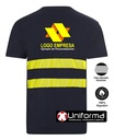 Camiseta de trabajo de Algodón 100% Azul Marino con Bandas de Alta Visibilidad segmentadas discontinuas transpirables en pecho y espalda, de manga corta, cuello redondo, ligeras y cómodas, personalizables con logo de empresa en Uniforma - UN203