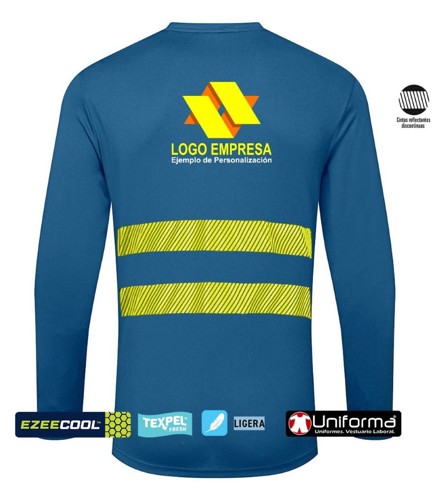 Camiseta de trabajo Técnica de color azul en tejido de Malla Fina transpirable de secado rápido de Manga Larga, de diseño combinado, bicolor, con detalles reflectantes, personalizable con logo de empresa en uniforma  - PDX415