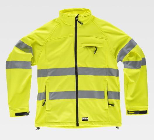 Chaqueta de trabajo neopreno Softshell reflectante de alta visibilidad con cintas reflectantes personalizable con logo de empresa en uniforma, de color amarillo flúor  - TS9535