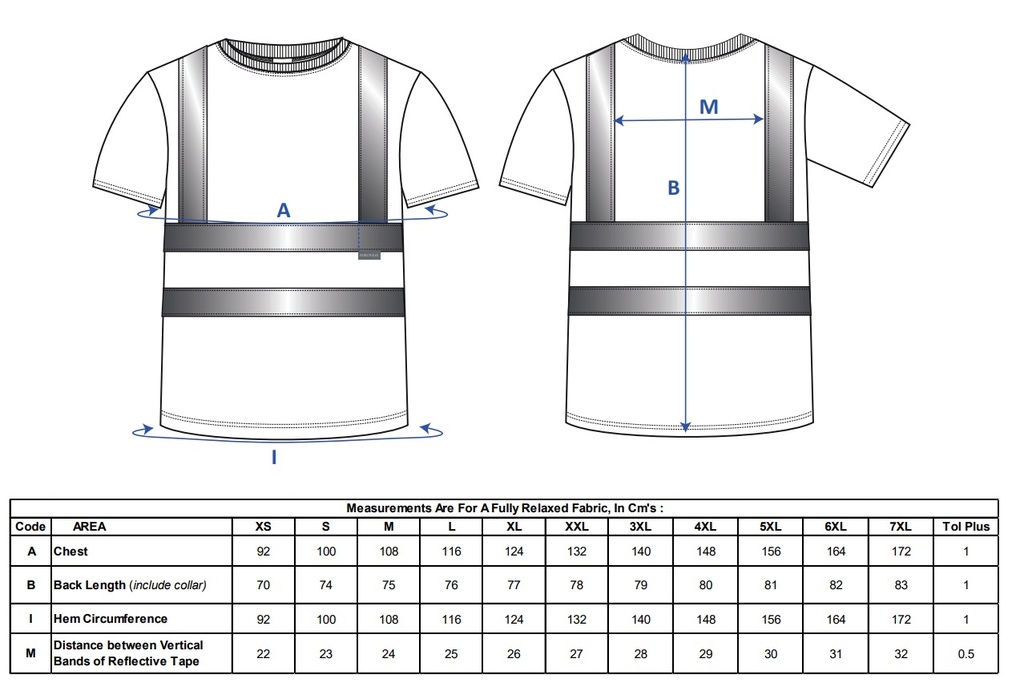 Medidas de Camiseta reflectante de alta visibilidad Clase 2 en Tallas Grandes y muy grandes hasta la 6 XL personalizable en Uniforma  - PS478