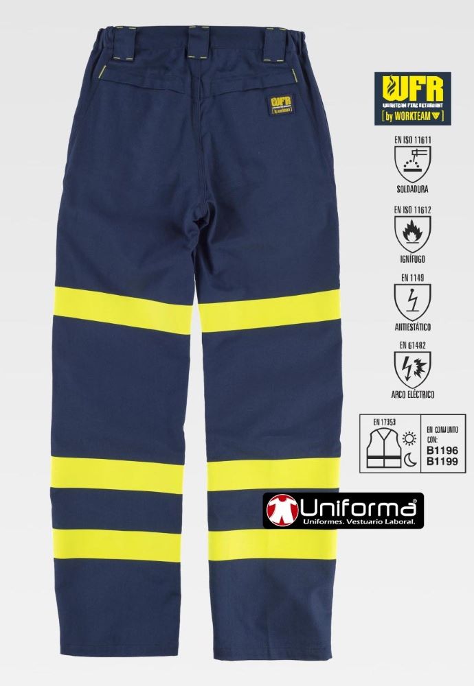 Pantalón de trabajo de color azul marino Ignífugo Antiestático resistente a la Soldadura, homologados, con cintas reflectantes de color amarilla para una visibilidad mejorada, personalizables con logo de empresa en Uniforma  - TB1496