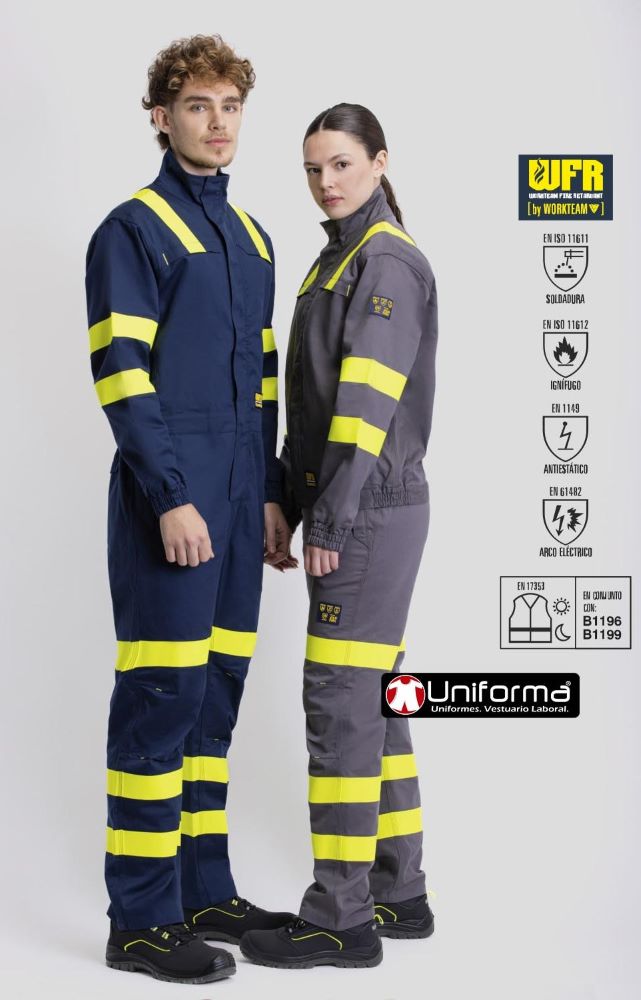 Pantalón de trabajo de color azul marino Ignífugo Antiestático resistente a la Soldadura, homologados, con cintas reflectantes de color amarilla para una visibilidad mejorada, personalizables con logo de empresa en Uniforma  - TB1496