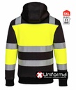 Sudadera de trabajo reflectante de Alta Visibilidad con capucha y cierre de cremallera central, de diseño combinado, con multiples bandas reflectantes del tipo segmentedas, discontinuas, para mayor comodidad, personalizable con logo de empresa en uniforma - PPW377