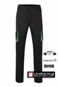 Pantalón de trabajo Bicolor Negro con detalles de color verde en las tapetas  en tejido Elástico y resistente de 240grms Multi Bolsillos personalizable con logo de empresa en Uniforma - V103024S