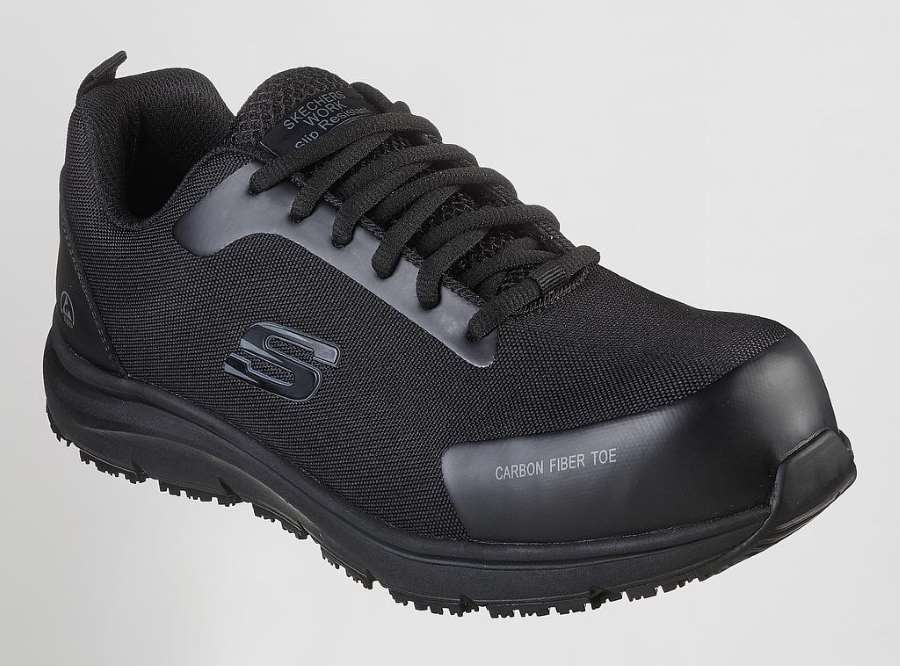 Zapatos de trabajo Skechers anti deslizantes, para estar muchas horas de pie, con protecciones de seguridad, puntera anti perforante y plantilla ultra ligera de fibra de carbono, de color negro en uniforma