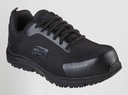 Zapatos de trabajo Skechers anti deslizantes, para estar muchas horas de pie, con protecciones de seguridad, puntera anti perforante y plantilla ultra ligera de fibra de carbono, de color negro en uniforma