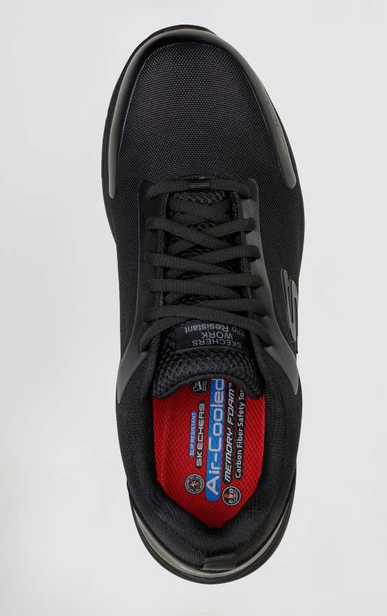 Zapatos de trabajo Skechers anti deslizantes, para estar muchas horas de pie, con protecciones de seguridad, puntera anti perforante y plantilla ultra ligera de fibra de carbono, de color negro en uniforma