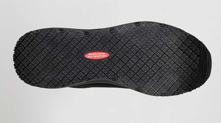 Zapatos de trabajo Skechers anti deslizantes, para estar muchas horas de pie, con protecciones de seguridad, puntera anti perforante y plantilla ultra ligera de fibra de carbono, de color negro en uniforma