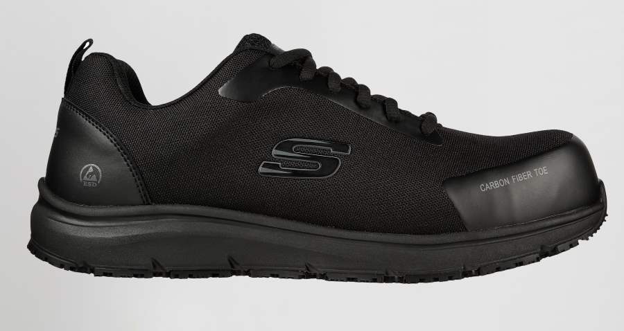Zapatos de trabajo Skechers anti deslizantes, para estar muchas horas de pie, con protecciones de seguridad, puntera anti perforante y plantilla ultra ligera de fibra de carbono, de color negro en uniforma