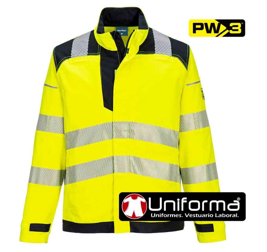 Chaqueta de trabajo Ignífuga resistente a la llama reflectante de Alta Visibilidad de propiedades permanentes en fibra de modacrílico, personalizable con logo de empresa en uniforma PW3 - PFR714