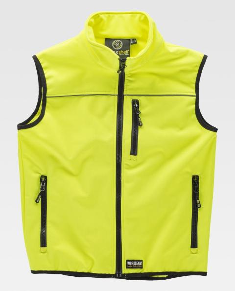 Chaleco de trabajo amarillo en tejido de Neopreno Softshell de Alta visibilidad corta vientos, con cierre de cremallera central, personalizable con logo de empresa en uniforma - TS9320