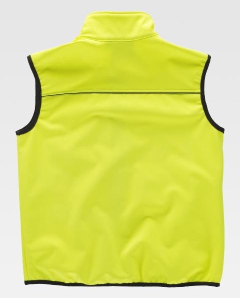 Chaleco de trabajo amarillo en tejido de Neopreno Softshell de Alta visibilidad corta vientos, con cierre de cremallera central, personalizable con logo de empresa en uniforma - TS9320