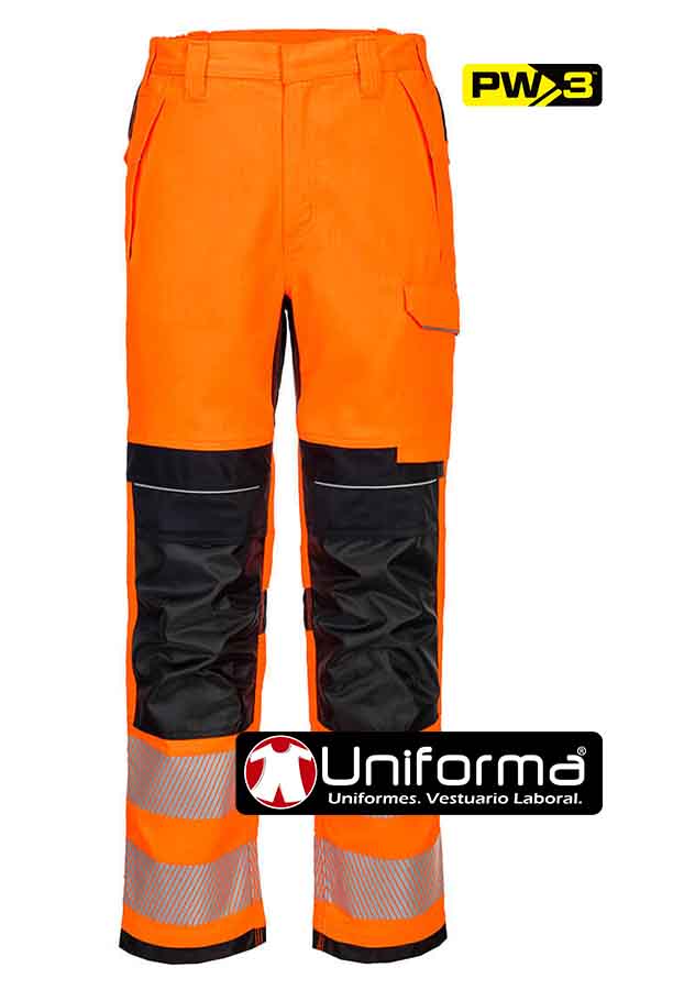 Pantalón de trabajo de color naranja de alta visibilidad resistente a la llama, Ignífugo, resistente a la soldadura, anti estático, fabricado en Modacrílico, de propiedades permanentes que no disminuyen con los lavados, personalizable con logo de empresa en uniforma  PW3 FR - PFR414