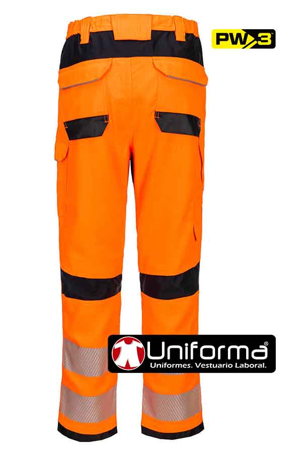 Pantalón de trabajo de color naranja de alta visibilidad resistente a la llama, Ignífugo, resistente a la soldadura, anti estático, fabricado en Modacrílico, de propiedades permanentes que no disminuyen con los lavados, personalizable con logo de empresa en uniforma  PW3 FR - PFR414