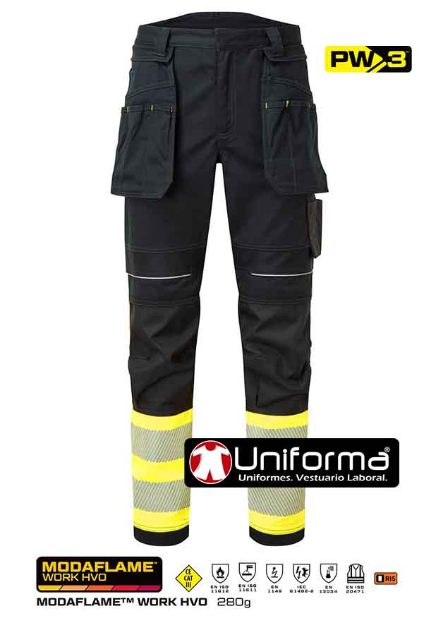 Pantalón de trabajo Elástico Ignífugo resistente a la llama, reflectante de Alta Visibilidad clase 1, para entornos de trabajo multi riesgos y atmósferas ATEX,  PW3 FR HIS VIS Clase 1 - PFR416