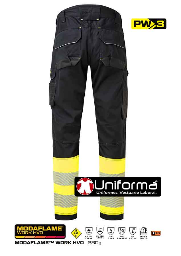 Pantalón de trabajo Elástico Ignífugo resistente a la llama, reflectante de Alta Visibilidad clase 1, para entornos de trabajo multi riesgos y atmósferas ATEX,  PW3 FR HIS VIS Clase 1, personalizable con logo de empresa en uniforma  - PFR416